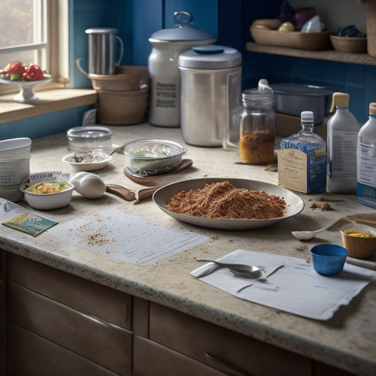 A messy kitchen countertop cluttered with expired coupons, crumpled recipe printouts, and a half-empty utensil holder, with a faint outline of a calendar in the background, surrounded by scattered ingredients.