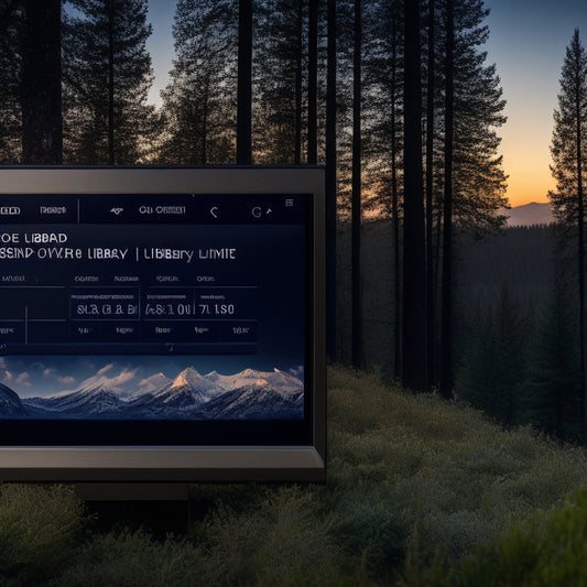 A close-up of a Foxpro unit's screen displaying a sound library menu, surrounded by scattered sound wave graphics, with a subtle background of a forest landscape at dusk.