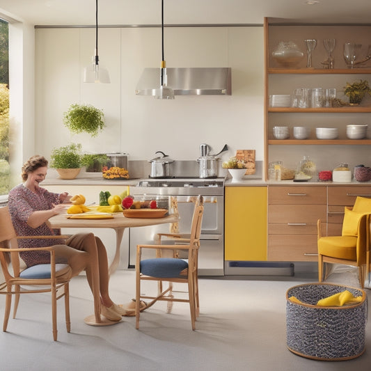 A bright, modern kitchen with various storage solutions: pull-out shelves, lazy susans, and adjustable cabinetry, featuring a person with a wheelchair and another with a cane, effortlessly accessing utensils and ingredients.