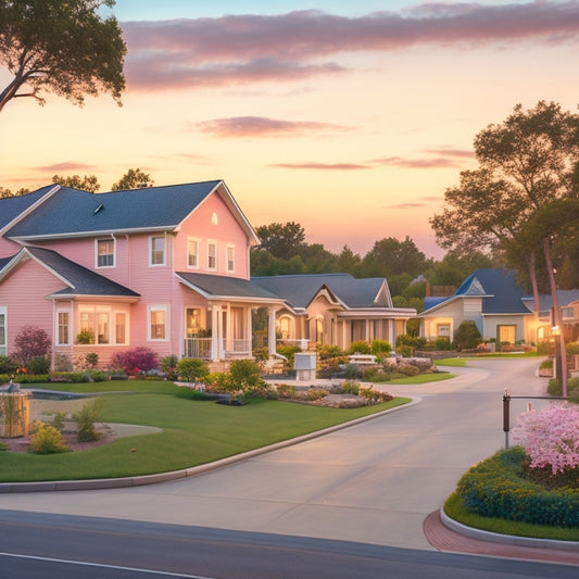 A serene, pastel-colored suburban neighborhood at dusk, with Sims characters of diverse ages and skin tones engaging in various activities, surrounded by lush greenery and warmly lit homes.