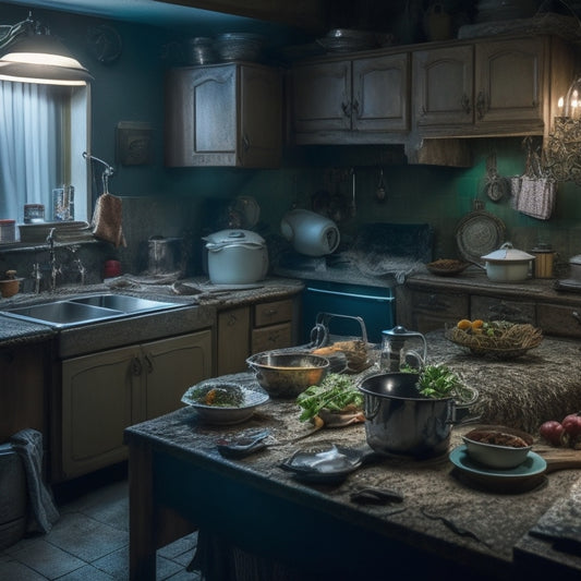 A dimly lit kitchen with cluttered countertops, overflowing cabinets, and a sink piled high with dirty dishes, surrounded by worn-out appliances and tangled cords, with a hint of chaos and disorder.