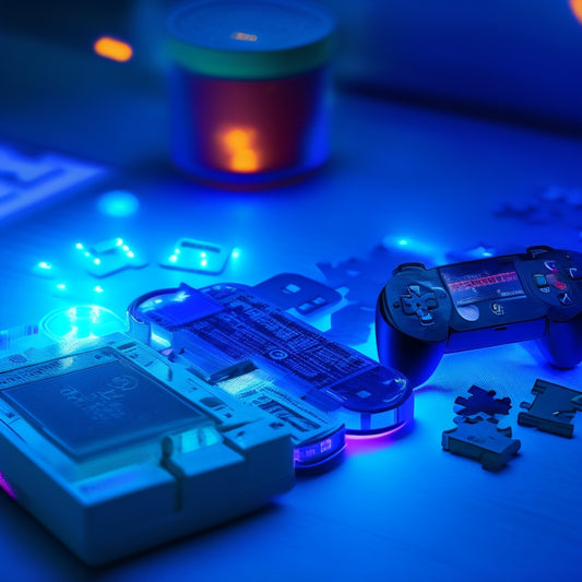 A close-up composition featuring a PS Vita console surrounded by various memory cards of different capacities, with scattered puzzle pieces and cryptic symbols in the background, lit by a faint blue glow.