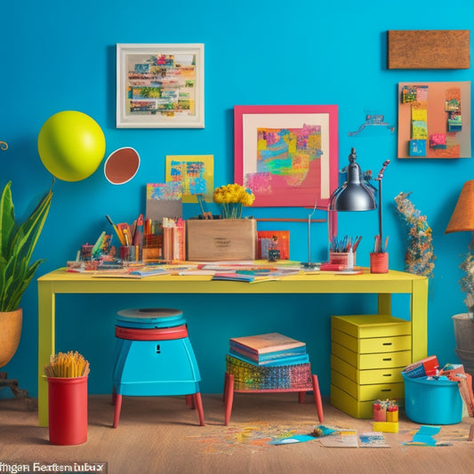 A vibrant, stylized illustration of a creative workspace with scattered art supplies, colorful papers, and half-finished projects, surrounded by empty easels, awaiting the next brilliant idea.