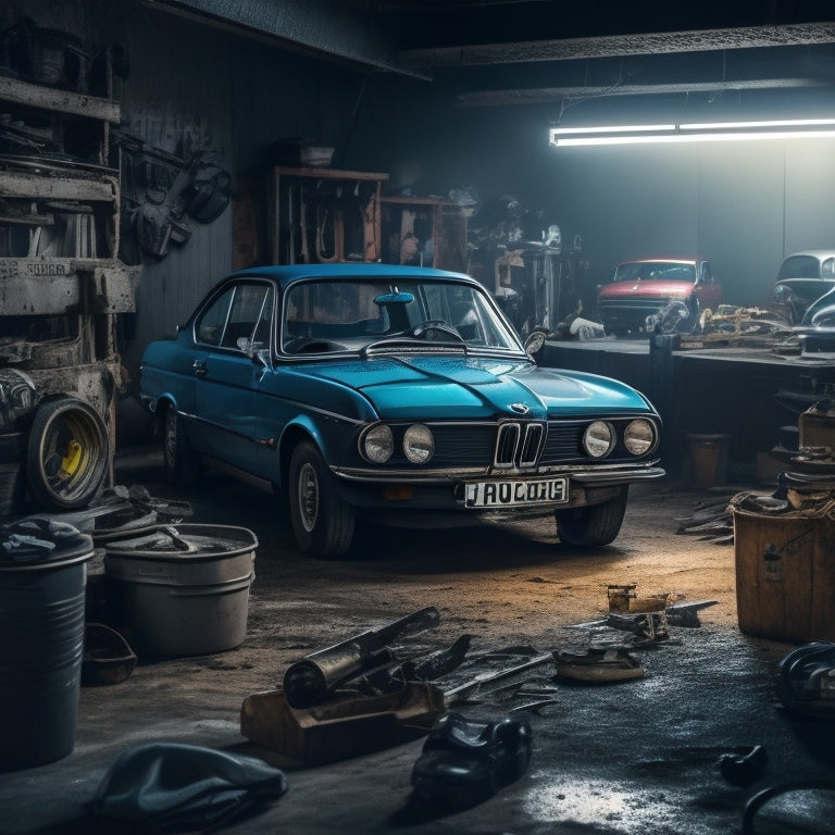 A dimly lit, cluttered garage with a vintage BMW 3 Series and 5 Series in the background, surrounded by scattered tools, worn gloves, and nostalgic car maintenance memorabilia.