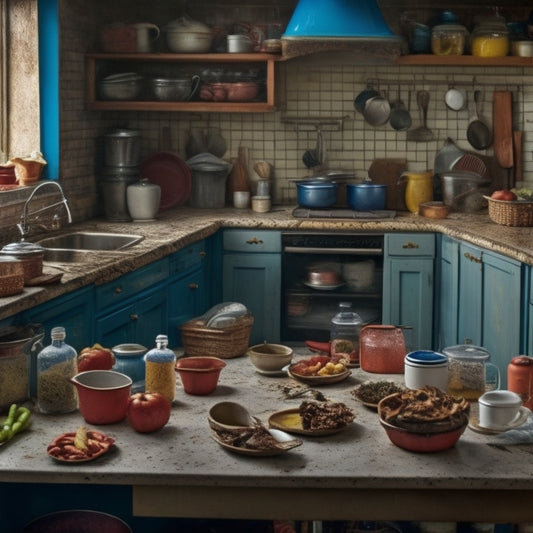 A messy kitchen with countertops cluttered by stacked dirty dishes, overflowing utensil jars, and expired food containers, surrounded by a backdrop of worn-out cabinets and a chaotic tile floor.