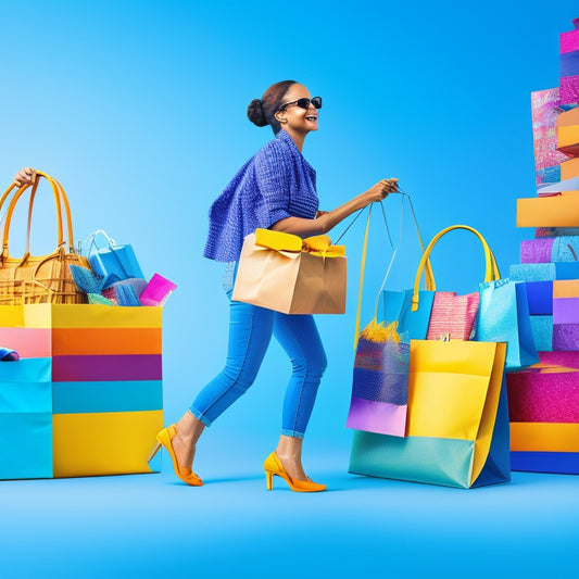 A colorful illustration of a happy shopper surrounded by various product catalogs, with shopping bags and parcels at their feet, set against a bright, gradient blue background with subtle shopping icons.