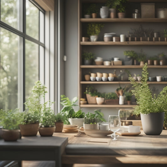 A serene, modern restaurant interior with a tidy kitchen, organized shelves, and a few tablets displaying inventory levels, surrounded by lush greenery and warm, natural light.