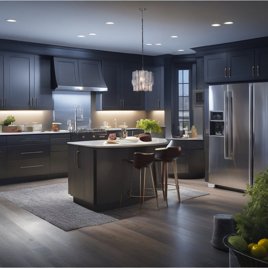 A beautifully lit, modern kitchen with sleek cabinetry, stainless steel appliances, and a large island in the center, surrounded by floor-to-ceiling windows and a partially visible floor plan on a laptop screen.