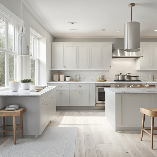 A serene kitchen with sleek, minimalist cabinets, a large island with built-in cooktop, and a floor-to-ceiling window, all set against a calming white and gray color scheme.