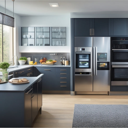 A sleek, modern kitchen with a large touchscreen display on the backsplash, a smartphone mounted on the wall, and a robotic kitchen assistant in the corner, surrounded by organized cabinets and countertops.