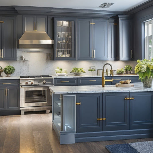 A sleek, modern kitchen with warm lighting, featuring high-gloss, dark gray cabinets with ornate metal hardware, adjacent to a large, marble-topped island with a built-in cooktop.