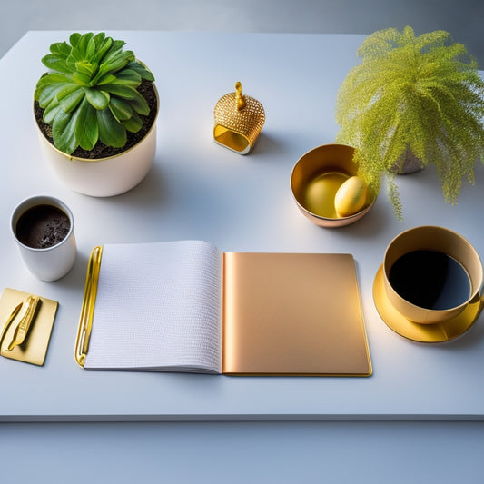 A serene, minimalist desk with a few, carefully arranged objects: a sleek laptop, a simple planner, a small potted plant, and a delicate, golden paperclip holding together a few, color-coded documents.