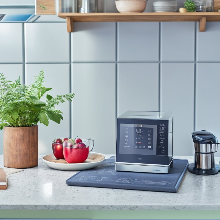 A modern kitchen countertop with a sleek tablet mounted on a stand, a digital scale, and a smart coffee maker, surrounded by a few neatly arranged cookbooks and a small potted herb plant.