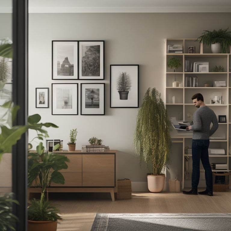 An illustration of a young adult standing in a tidy, minimalist living room with a few moving boxes in the corner, surrounded by a calendar, a plant, and a few framed photos on the wall.