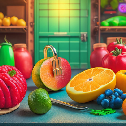 An illustration of a combination lock with a fork and spoon instead of numbers, surrounded by fresh fruits and vegetables, with a subtle background of a factory or warehouse.