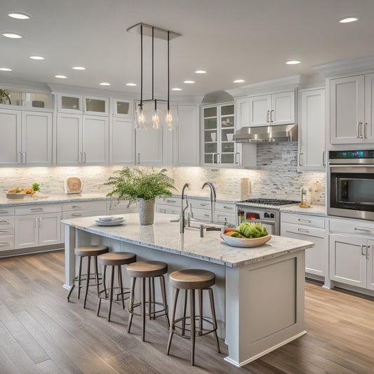 A bright, modern kitchen with sleek white cabinets, granite countertops, and stainless steel appliances, featuring a spacious island with a built-in cooktop and pendant lights above.