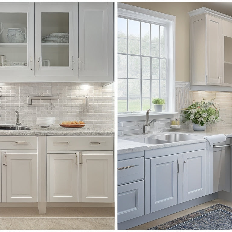 A before-and-after split-screen image: a dull, outdated sink cabinet with worn laminate countertops on the left, and a refreshed cabinet on the right with sleek, white peel-and-stick tile backsplash.