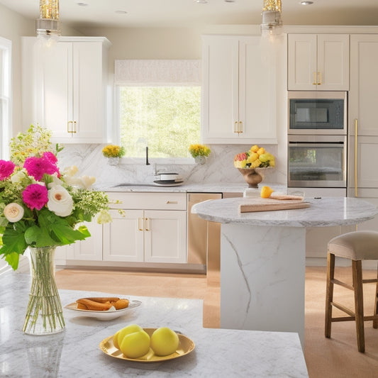 A bright, airy kitchen with warm beige cabinets, marble countertops, and stainless steel appliances, featuring a sparkling clean island, a beautiful vase with fresh flowers, and a few strategically placed cookbooks.