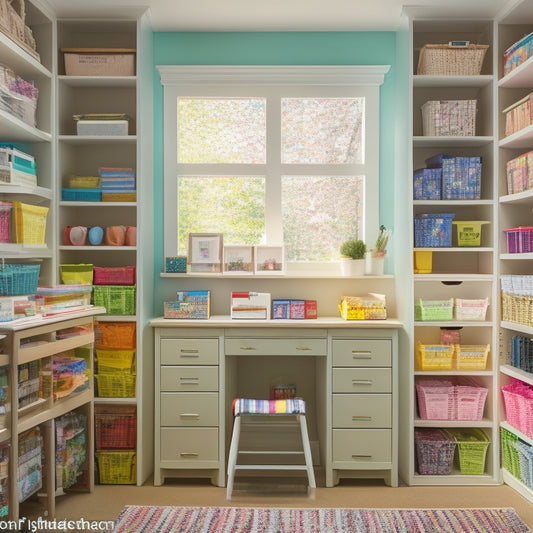 A tidy, well-lit craft room with a rainbow of scrapbook papers stacked in labeled, cubby-style shelves, surrounded by matching paper bins and a few scattered, colorful paper scraps.