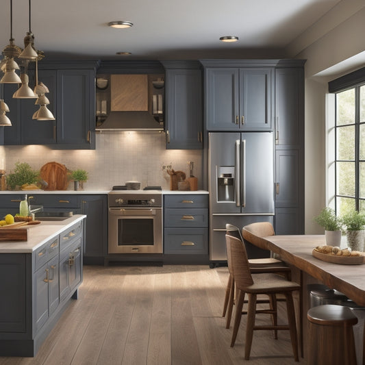 A bright, modern kitchen with various cabinet styles, finishes, and hardware on display, including sleek handle-less doors, rustic wooden knobs, and contrasting light and dark wood tones.