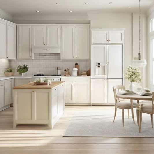 A serene kitchen interior with cream-colored cabinets, light wood floors, and a large island in the center, featuring a minimalist aesthetic with ample negative space and strategically placed utensils.