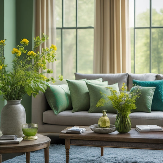 A beautifully decorated living room with a vase of fresh flowers on a coffee table, a few well-placed throw pillows, and a large window with open curtains, showcasing a lush green outdoor space.