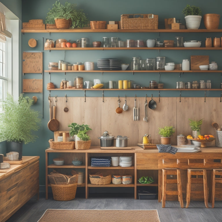 A serene kitchen with a large, wooden island at its center, surrounded by organized shelving, a pegboard with neatly hung utensils, and a chalkboard calendar on the wall, filled with meal plans.