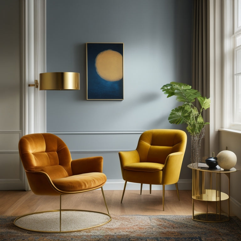 A warm, minimalist room with a fusion of modern and vintage elements, featuring a statement light fixture, plush velvet armchair, and a vibrant, abstract art piece radiating joyful energy.