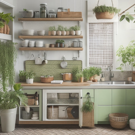 A bright, organized kitchen with a few strategically placed baskets, a utensil organizer on the counter, and a tidy pegboard on the wall, surrounded by a few lush green plants.