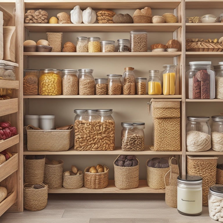 A tidy pantry with stacked, airtight containers in various sizes, filled with grains, nuts, and dried fruits, alongside shelves of labeled glass jars and woven baskets holding fresh bread and fruits.