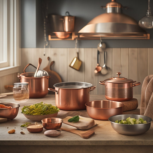 A warm, golden-lit kitchen interior with a stainless steel island at its center, surrounded by copper pots, utensils, and a wooden cutting board, with a hint of steam rising from a saucepan.