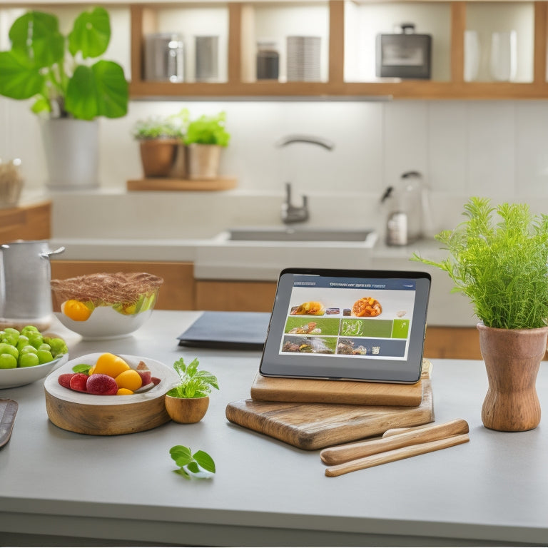 A tidy kitchen counter with a tablet displaying a digital recipe book, surrounded by a few open cookbooks, a wooden spoon, and a small potted herb plant, with a subtle background of a kitchen utensil drawer.