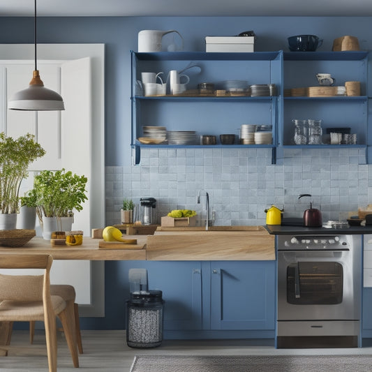 A bright, modern kitchen with open shelves and cabinets, featuring a laptop on a counter displaying a kitchen design software interface, surrounded by kitchen utensils and decorative items.