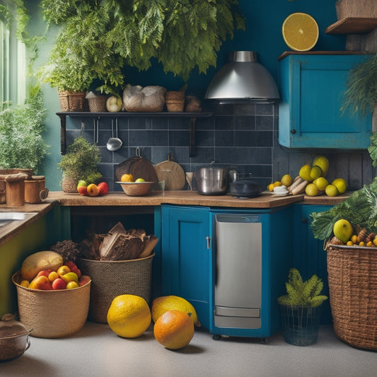 A vibrant kitchen scene with a half-full fruit bowl, a compost bin, and a fridge with "use by" stickers, surrounded by lush greenery and a subtle earthy tone, conveying eco-friendliness.