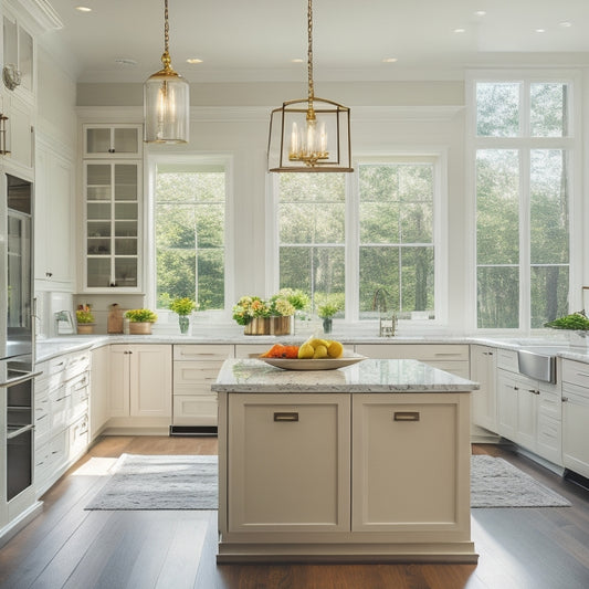 A bright and airy kitchen with large windows, a massive island in the center, and a sleek, modern chandelier hanging from the ceiling, surrounded by cabinets, appliances, and design inspirations.