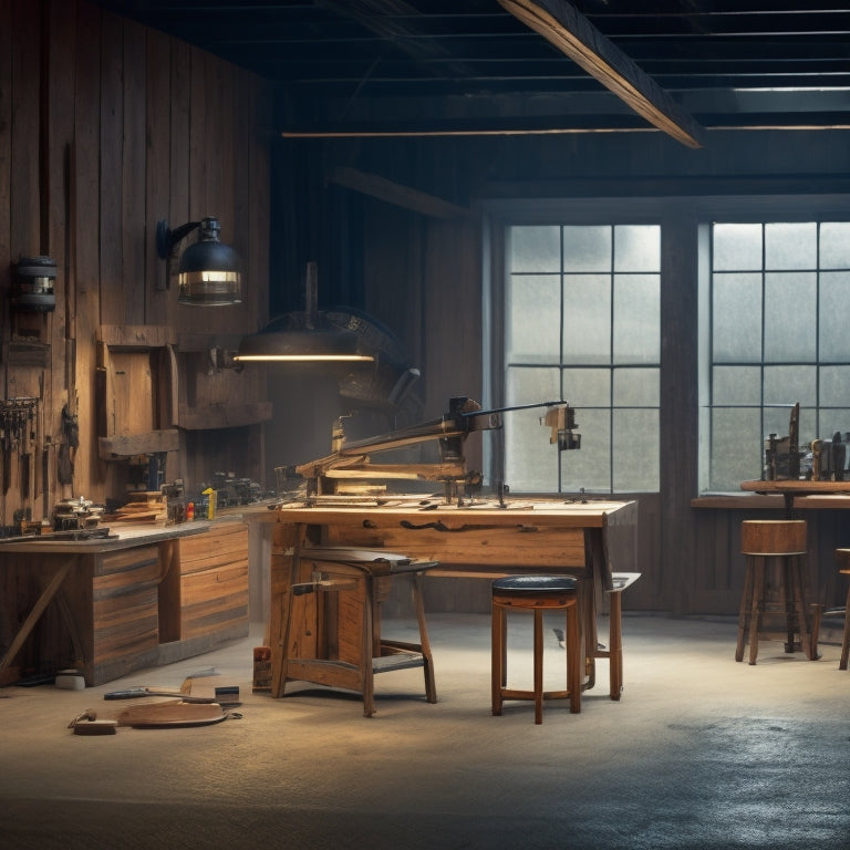 A futuristic workshop scene featuring the Gyro Air G-700, a sleek, silver, and black woodworking machine, surrounded by wooden planks, tools, and a half-assembled wooden chair, with subtle lighting and misty atmosphere.