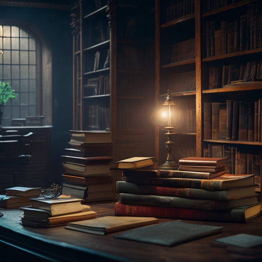 A dimly lit, mysterious library with old, worn books and dusty shelves, featuring a single, glowing e-reader in the center, surrounded by scattered papers and broken bookmarks.