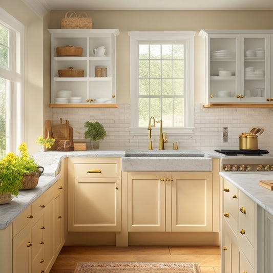 A bright, airy kitchen with warm beige walls, featuring a row of freshly painted white cabinets with soft-close drawers and brass hardware, surrounded by sleek, dark countertops and a large, farmhouse-style sink.