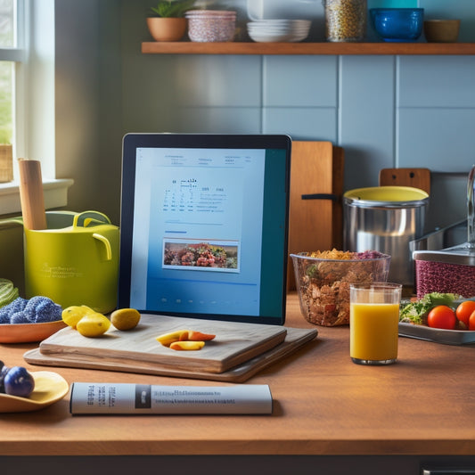 A cluttered kitchen with stacks of cookbooks, scattered utensils, and a calendar-covered fridge, contrasted with a sleek, minimalist digital tablet displaying a organized recipe app and a tidy virtual calendar.