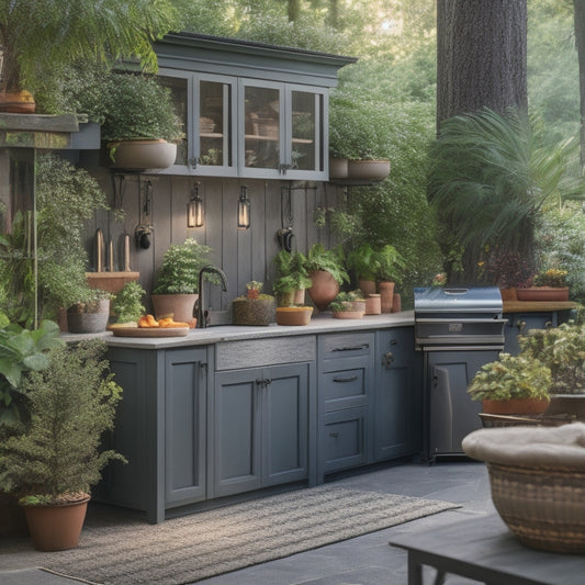 A serene outdoor kitchen scene with a sleek, weathered-wood cabinet, adorned with ornate metal hardware, nestled beneath a countertop, surrounded by lush greenery and a few strategically placed potted plants.