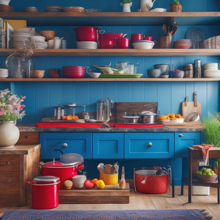 A colorful, clutter-free kitchen with a wooden island, open shelving, and a few neatly arranged cookbooks, featuring a binder with organized papers and a pen lying on it, surrounded by a few kitchen utensils.