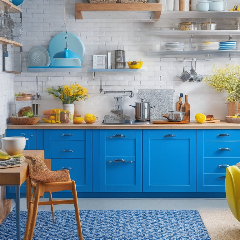 A bright, modern kitchen with a laptop and notebook on a clutter-free counter, surrounded by organized utensils, cookbooks, and a few colorful kitchen gadgets, amidst a subtle background of kitchen tiles and cabinets.