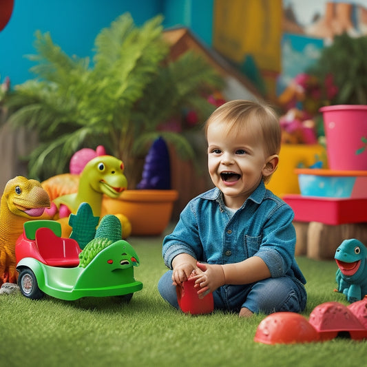 A joyful child, aged 4-6, sitting in a vibrant green Cozy Coupe, decorated with colorful dinosaur stickers and decals, surrounded by toy dinosaurs and a miniature volcano landscape.