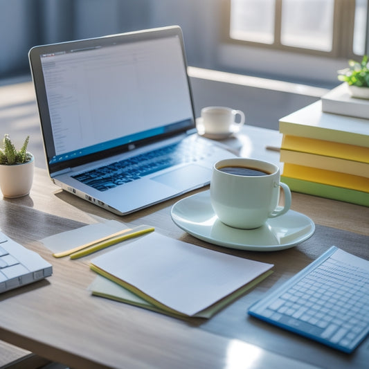A futuristic, minimalist workspace with a sleek laptop, surrounded by scattered papers with email outlines, colorful sticky notes, and a few coffee cups, bathed in soft, warm morning light.