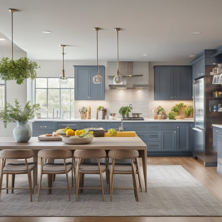 A bright, modern kitchen with a large island, pendant lights, and a mix of open shelving and cabinets, surrounded by a living area with a sectional sofa and floor-to-ceiling windows.