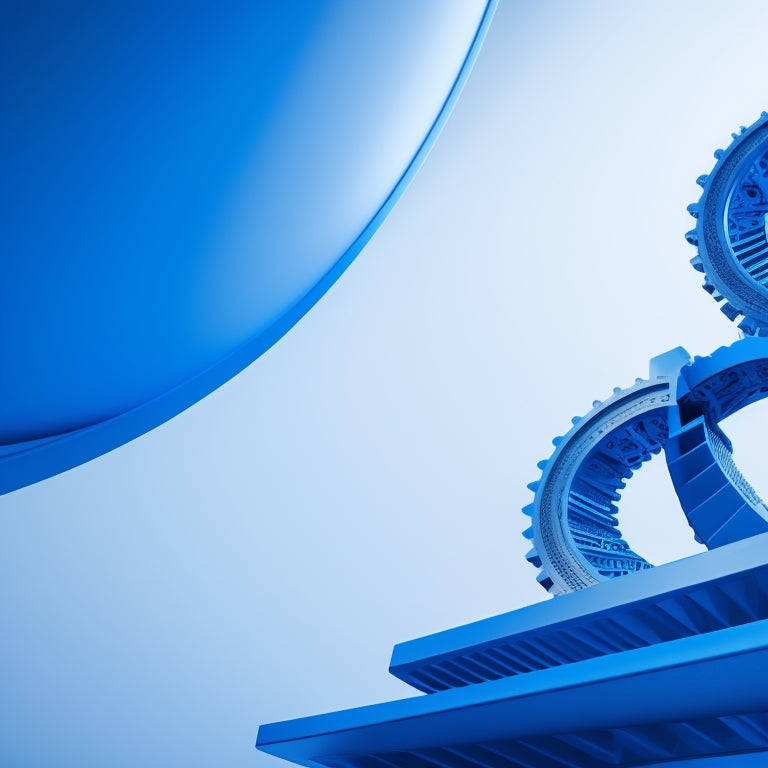 A modern, sleek, and minimalist illustration depicting a staircase of gears, with each step leading upwards, symbolizing growth and progress, set against a bright blue background with subtle gradient effects.