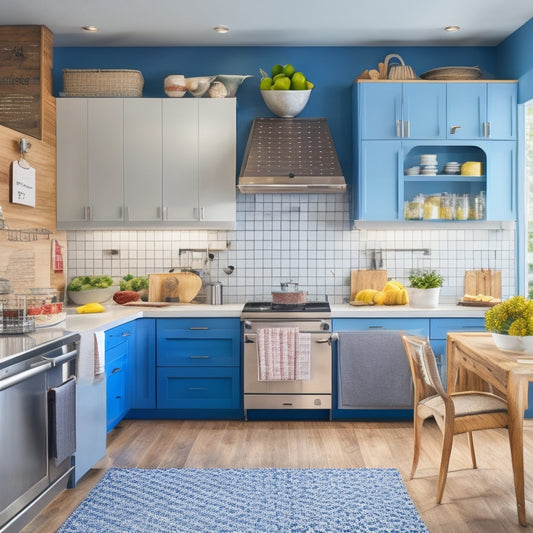 A tidy, modern kitchen with a large island, wooden cutting boards, and a stainless steel refrigerator, featuring a bulletin board with colorful pins and a few meal planning charts.