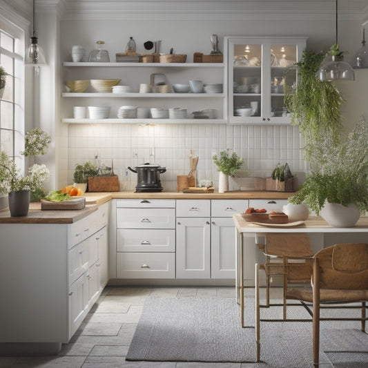 A well-lit, modern kitchen with a sleek, white kitchen cart featuring three drawers, two cabinets, and a butcher-block top, surrounded by utensils, cookbooks, and a few potted plants.