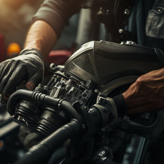A close-up of a mechanic's hands holding a motorcycle clutch, surrounded by tools and manuals, with a blurred-out motorcycle engine in the background.