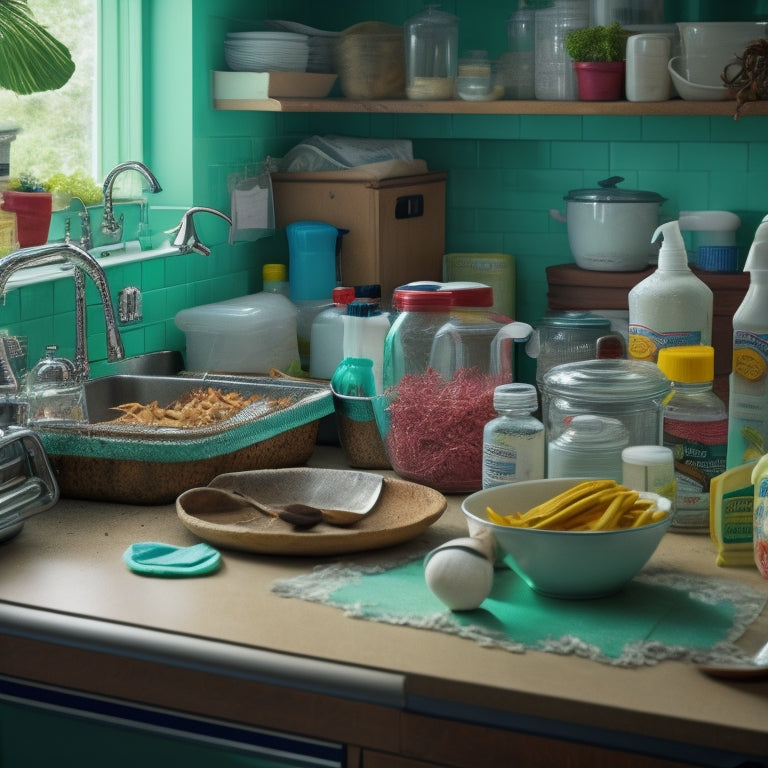 A cluttered kitchen with dirty dishes piled high, crumbs scattered on countertops, and a sink filled with greasy water, surrounded by various cleaning products in the foreground.